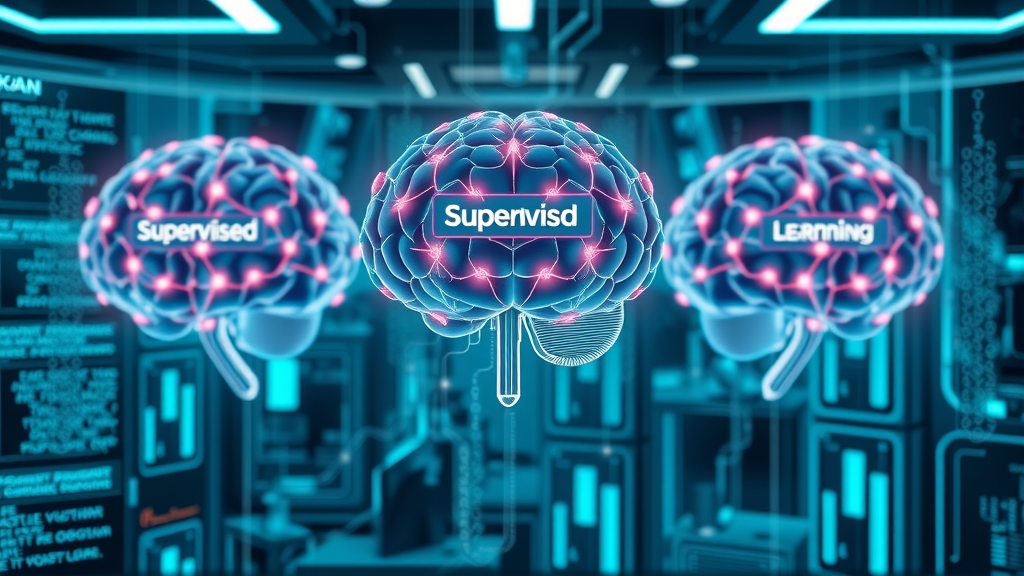 Three digital brains representing supervised, unsupervised, and reinforcement learning in marketing, connected by data pathways