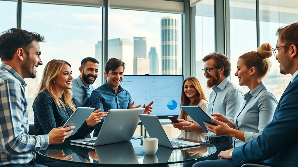 Dynamic team of marketers brainstorming digital marketing strategies in Houston office featuring AI marketing Houston