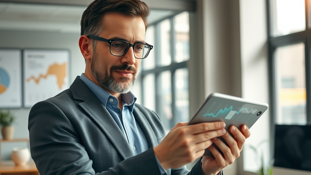 Houston business owner analyzes AI dashboard, illustrating practical application of AI authority building Houston