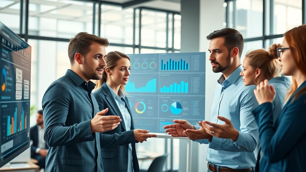 artificial intelligence in marketing team collaborating around AI-driven analytics dashboards in a modern office