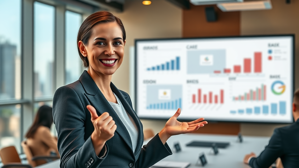 Businesswoman presenting successful data-driven marketing campaigns and results on screen