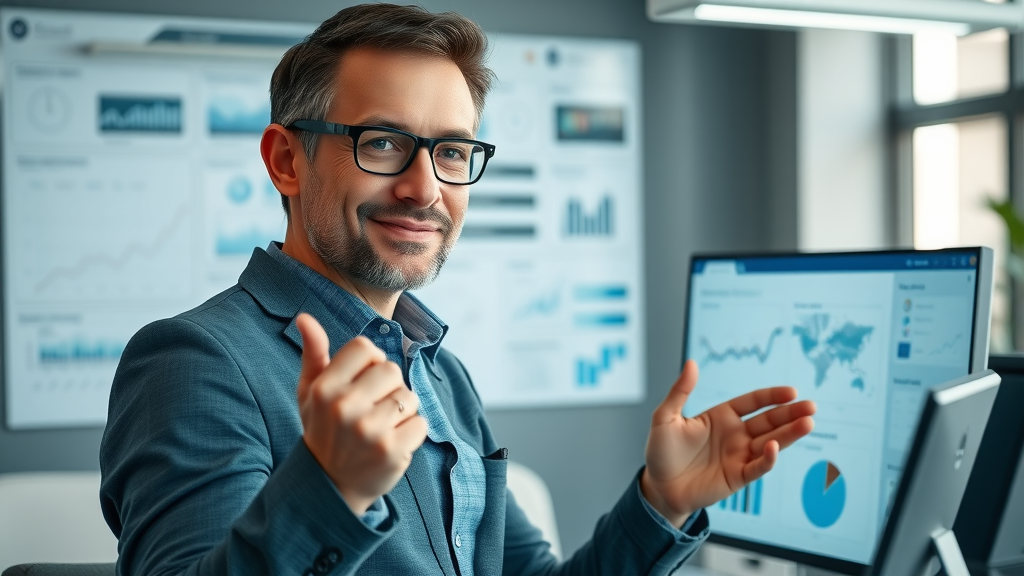 Inspirational marketer strategizing with an AI-powered dashboard in a modern office setting