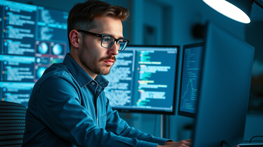 predictive analytics marketing data analyst ensuring quality of data sets, dual monitors, code, graphics, high-tech workspace, precise details