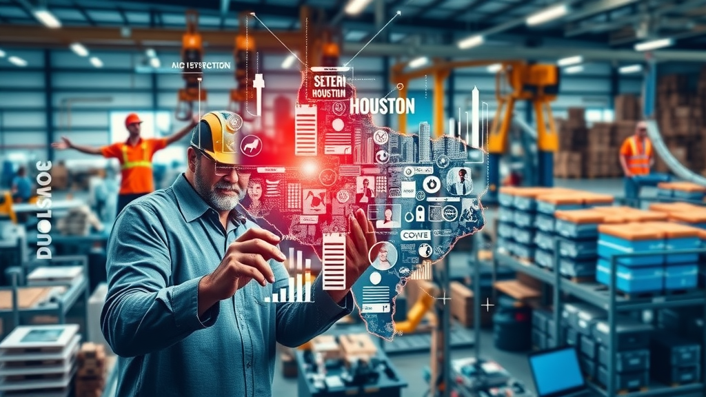 Collage featuring Houston manufacturing, offices, and e-commerce aided by AI brand authority solutions, overlaid digital data highlights