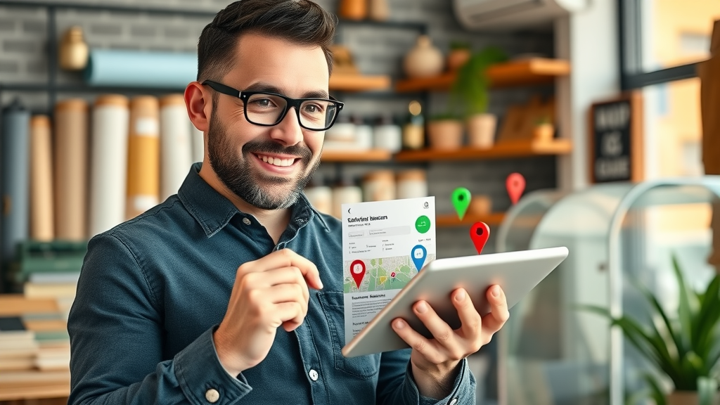 Business owner optimizing business listing for local search with city map overlay