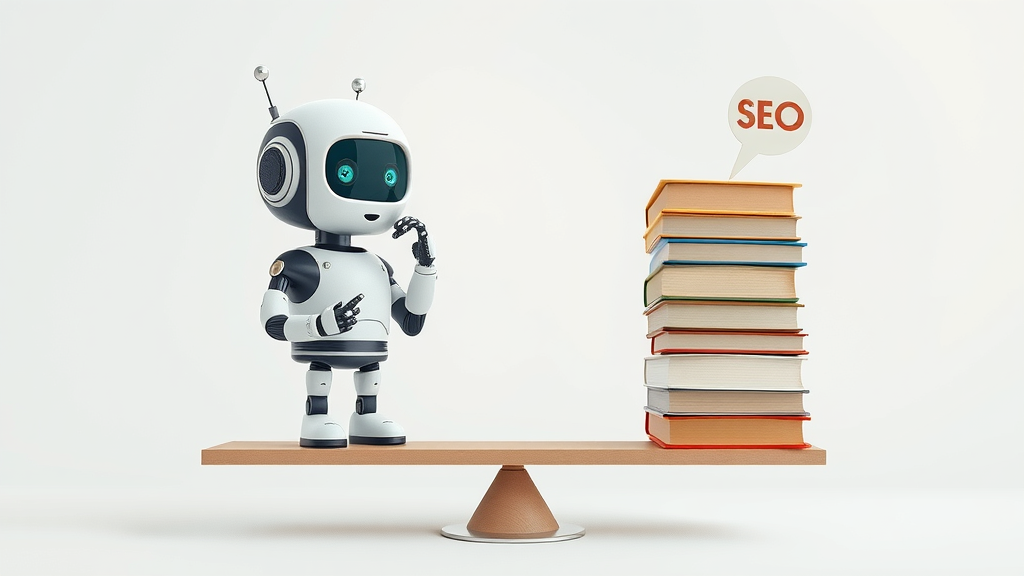 Balanced scale: AI robot glowing on one side, stacks of old SEO books on the other, illustrating benefits and challenges of AI SEO