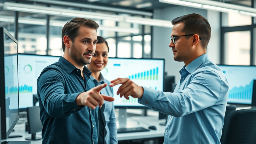Professionals collaborating on content generation for SEO at modern digital workspace with analytics dashboard