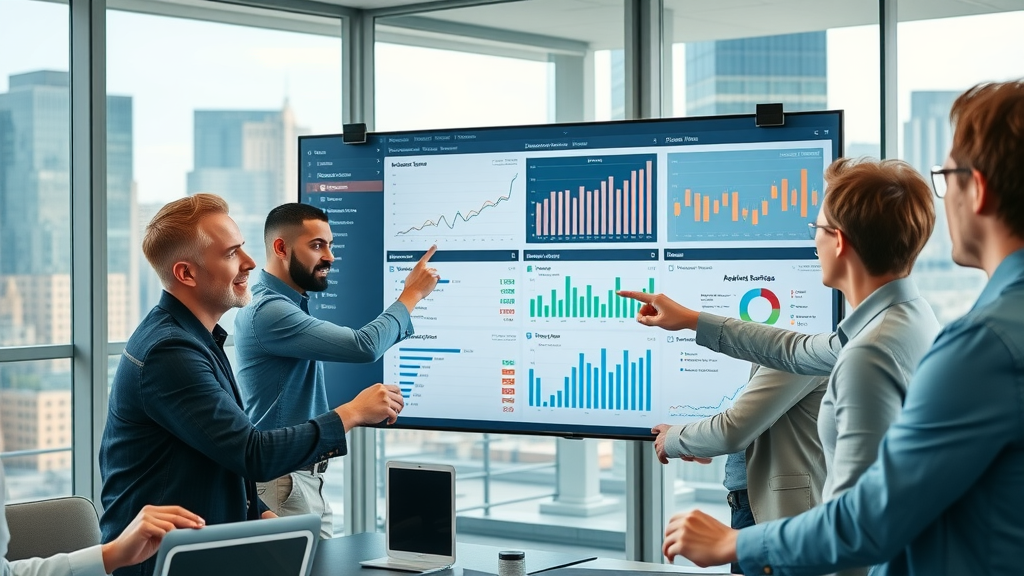 SEO tool: Digital marketers analyzing competitive SEO data on large monitor, pointing at keywords and interactive graphs