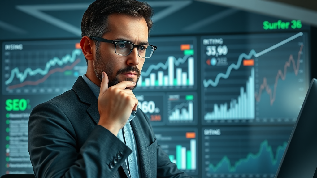 SEO specialist using Surfer SEO for automated keyword research and authority building tools