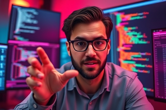 modern FCMO website, engaging expression, interacting with digital elements, photorealistic, tech-savvy workspace background with code on screens, highly detailed, dynamic navigation effects, 8k resolution, pastel and neon color blend, ambient light from screens, shot with a wide-angle lens.
