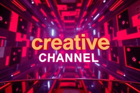 creative media channel logo, brand recognition, standing out, photorealistic, within a vibrant virtual reality space filled with holograms and multiple layers, highly detailed, kinetic typography animations, 8k resolution, bold reds and blacks, LED lighting, shot with a macro lens.