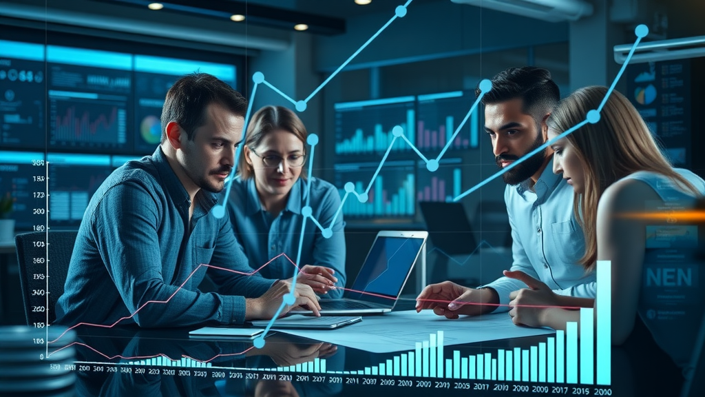 Dynamic growth graph with team analyzing language patterns and NLP-powered content creation success