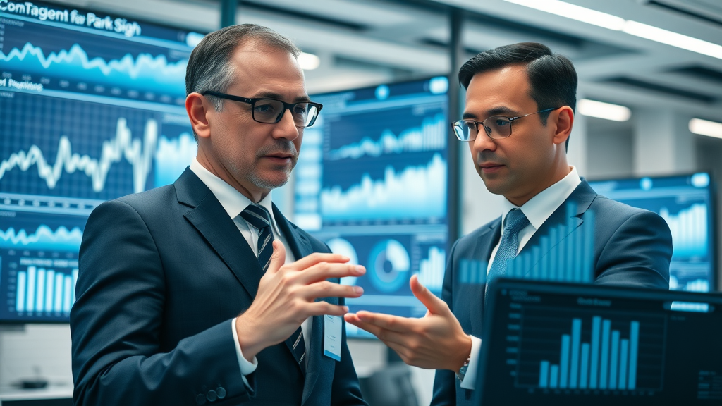 machine learning for authority building: Business leaders analyzing data-driven authority strategies in a modern corporate office