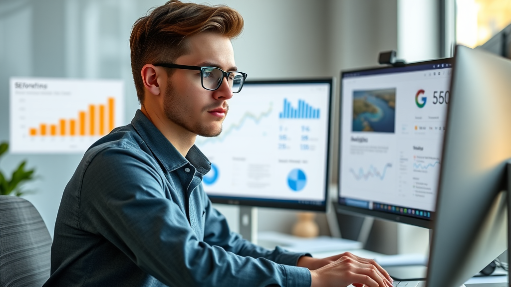 seo-friendly blog writing digital workspace with google analytics and seo tools on dual monitors