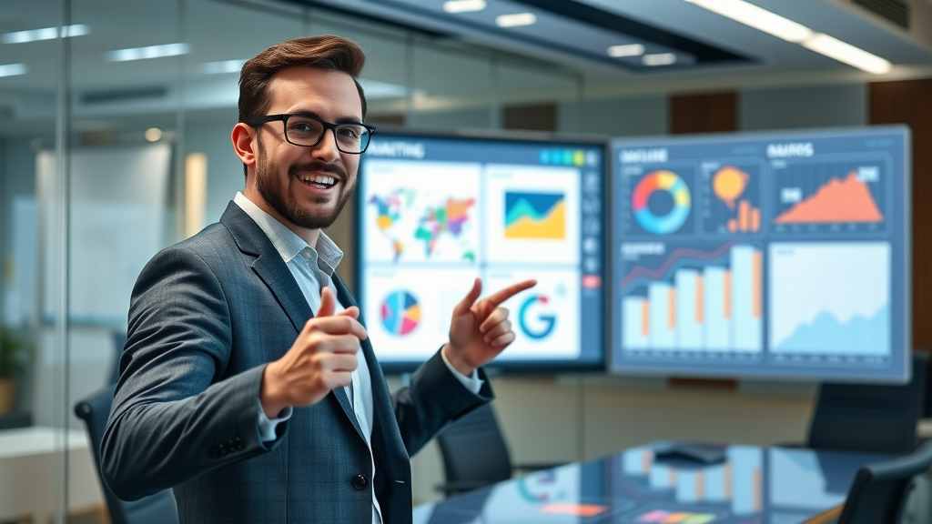 motivated professional presenting artificial intelligence marketing strategy with infographic to marketing team