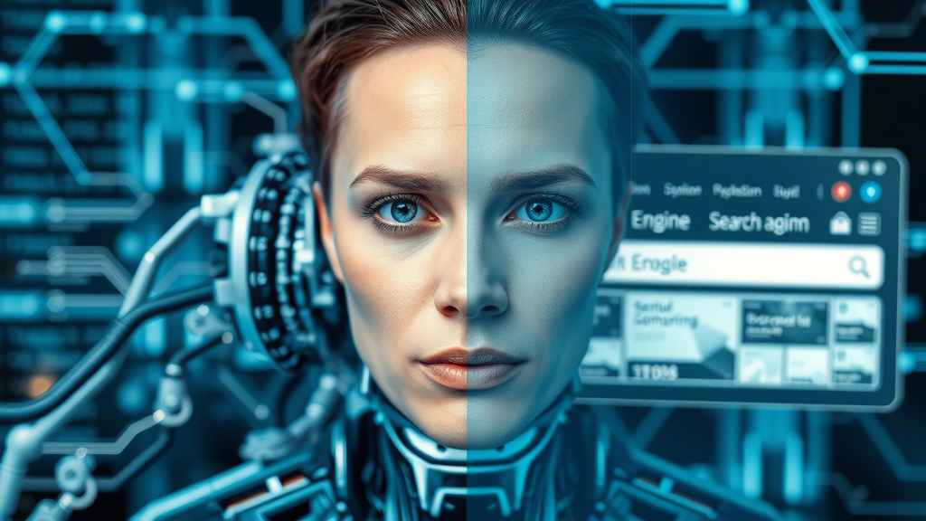 Futuristic graphic of a generative AI engine and traditional search engine comparison showing data flows and static web pages for generative engine optimization