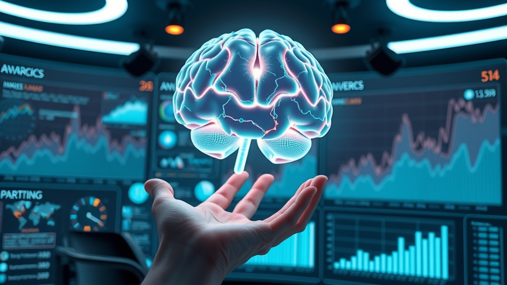 artificial intelligence analytics interface floating above marketing data graphs
