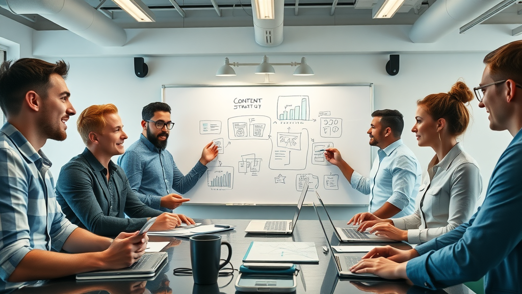 Ambitious marketing team brainstorming data-driven content planning strategy with digital whiteboard