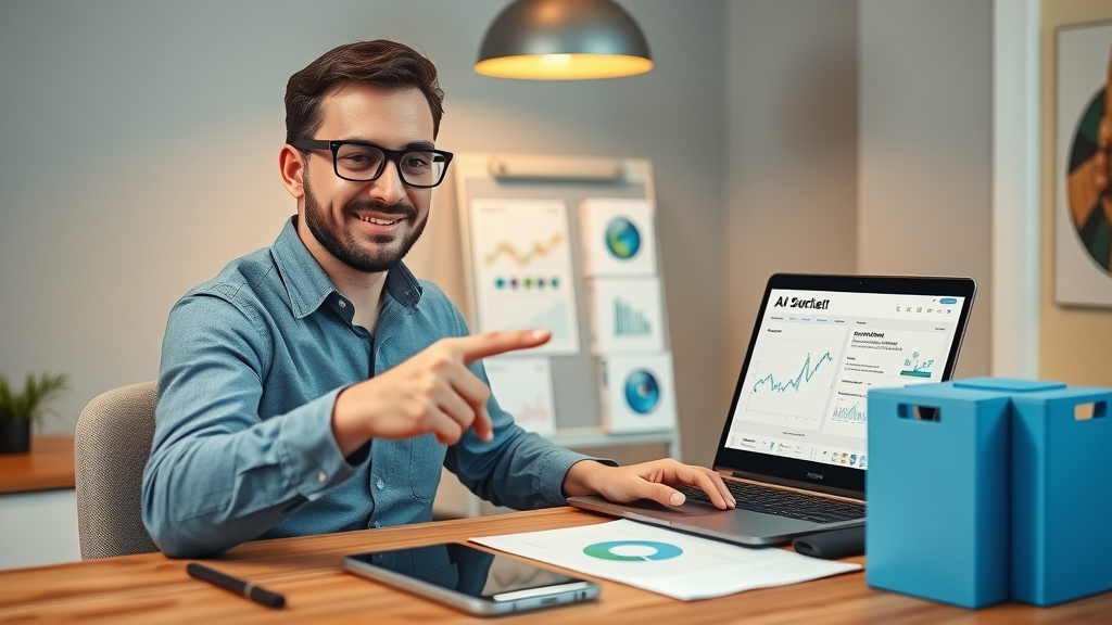 AI content prediction professional marketer comparing AI tools on laptop, organized desk, comparison charts