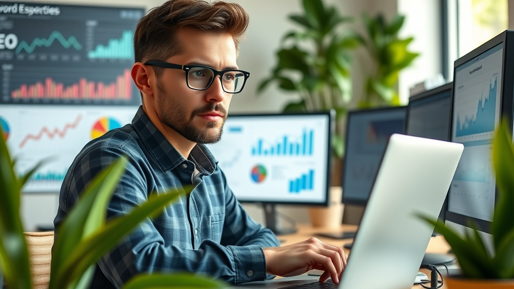 blogging tools for seo - modern blogger working on SEO graphs and keyword tools