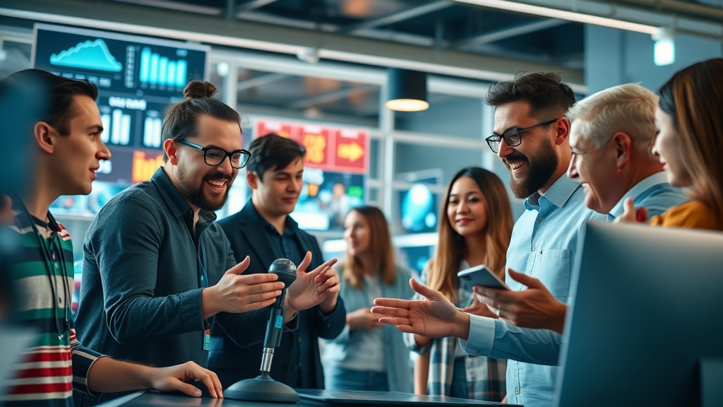 ai content generation dynamic team of modern content creators collaborating with futuristic AI interfaces