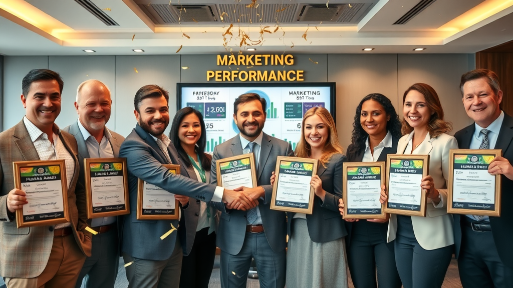 variety of successful Houston business teams, celebratory expressions, receiving marketing performance awards, digital marketing Houston, conference room with award plaques, gold and white palette, marketing stats on digital displays