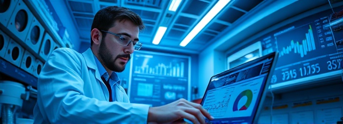 scientific publications journal, focused expression, analyzing data on a laptop, photorealistic, inside a state-of-the-art laboratory, highly detailed, interactive science graphs, razor-sharp details, cool blue tones, fluorescent lab lighting, shot with a fisheye lens