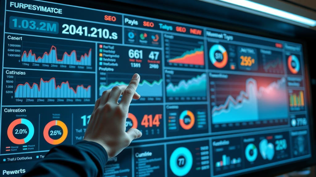 Performance monitoring: Dashboard displaying SEO metrics, animated user interacting with high-tech control room interface