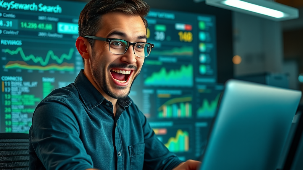 Professional analyzing keyword research software dashboard with digital graphs and search metrics in a high-tech workspace