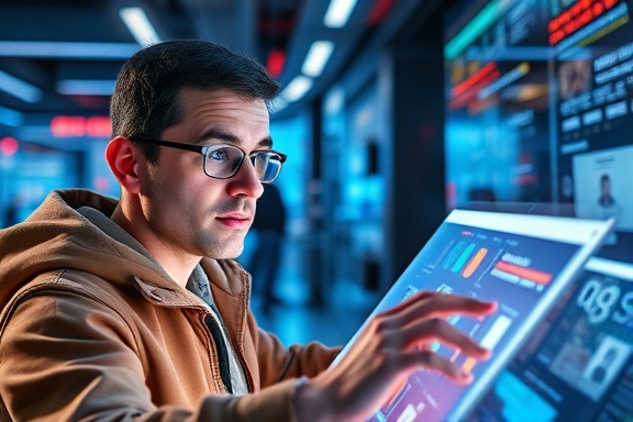 modern publications article, inquisitive expression, engaging with touchscreen technology, photorealistic, located in a futuristic digital workspace, highly detailed, dynamic holographic displays, digital clarity, vibrant colors, bright LED lighting, shot with a wide-angle lens