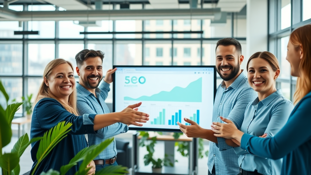 on-page seo techniques optimistic business team celebrating SEO success