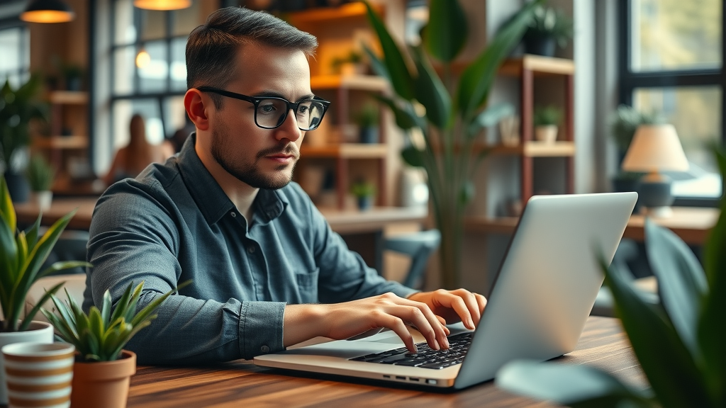 Content strategist using AI SEO tool: Typing on laptop with advanced AI content generator interface, coffee shop setting