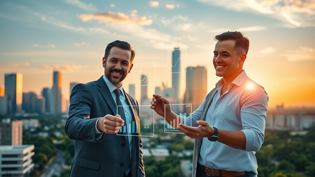 Dynamic Houston cityscape at sunrise with innovative business professionals collaborating on AI-driven digital marketing strategies and the downtown skyline, highlighting AI-driven brand authority Houston