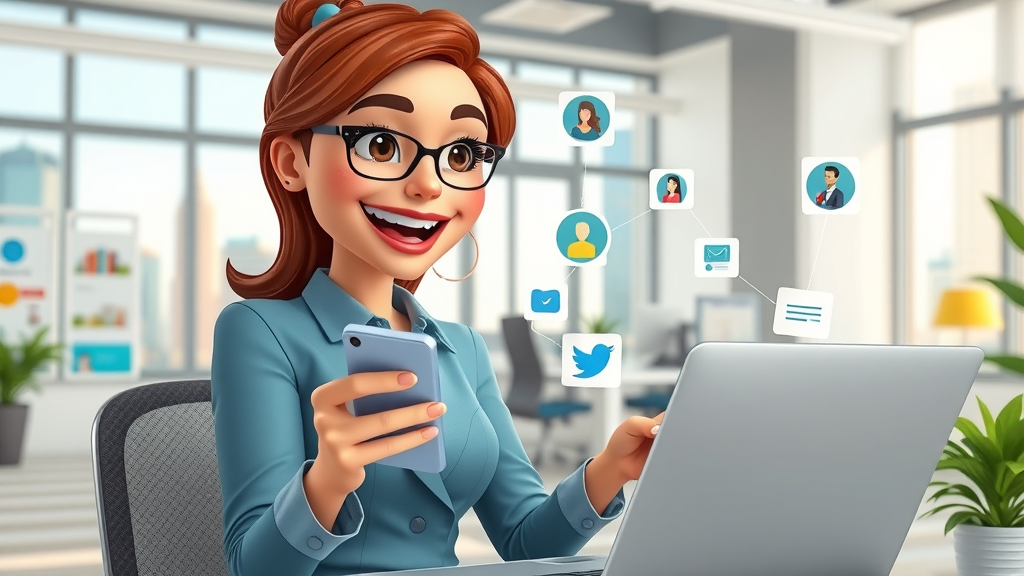 multi-device marketing visuals, businesswoman monitoring campaigns on phone and laptop, optimistic expression, 3D Cartoon, bright open workspace with Houston city elements, highly detailed, campaign flows connecting screens, lively colors, natural and electronic mixed lighting, shot with a 28mm lens. Houston media marketing digital AI solutions multi-device analytics