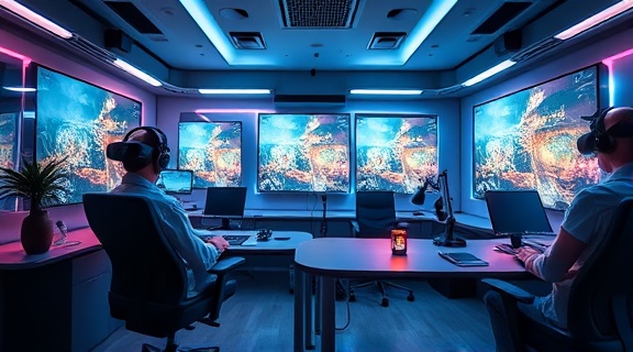 high-tech blogging office, futuristic, using multiple screens, photorealistic, sleek and modern with LED lights and ergonomic furniture, highly detailed, VR headset and graphics pad, f/4 aperture, bold colors, fluorescent lighting, shot with a Fujifilm X-T4