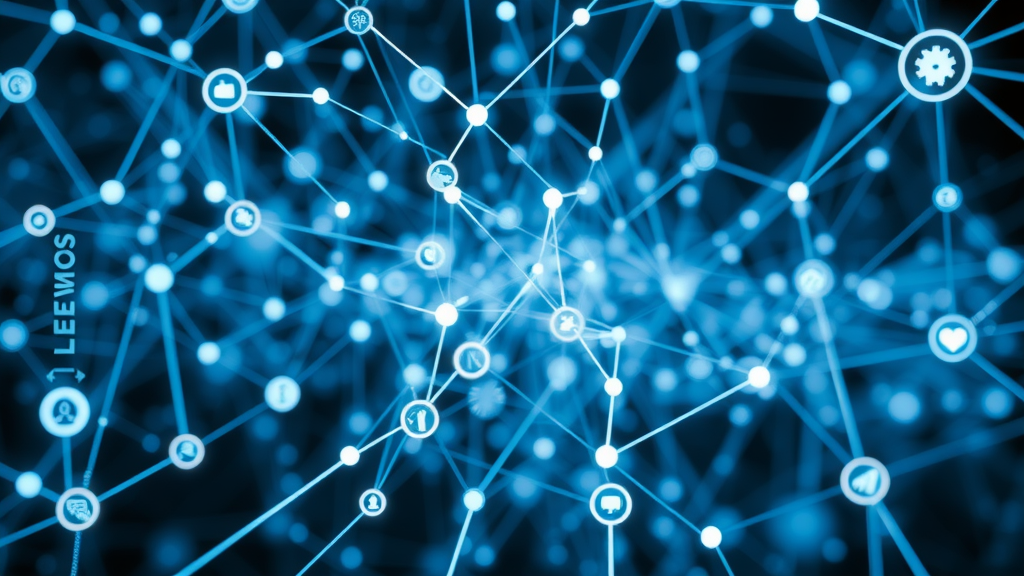 nlp seo neural network visualization with keyword connections and digital icons