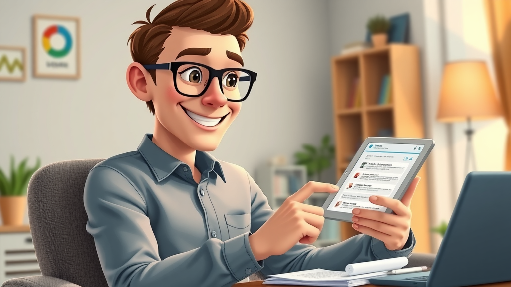 email marketing for contractors - Smiling marketer composing engaging email campaigns on a tablet in a cozy home office