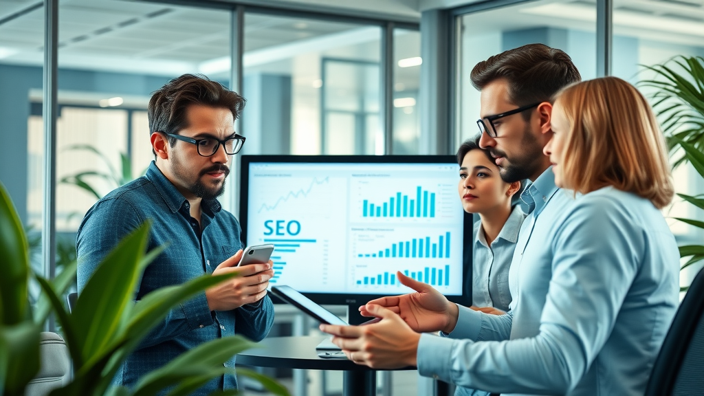 Dynamic digital marketing team reviewing SEO content data graphs, focused on SEO content creation strategy