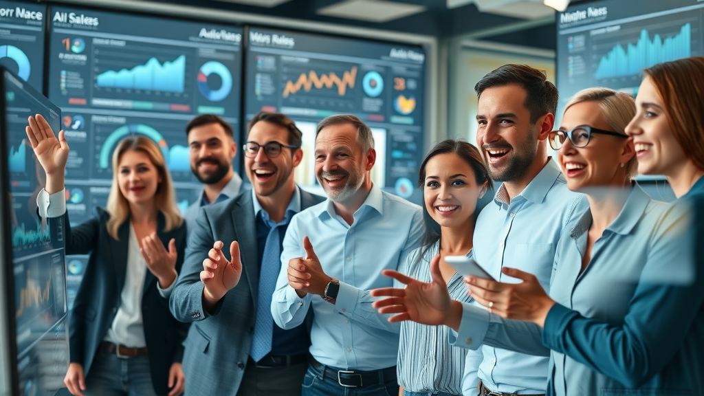 Generative Engine Optimization Marketing professionals analyzing AI search analytics dashboards in a modern office, focused on generative engine optimization
