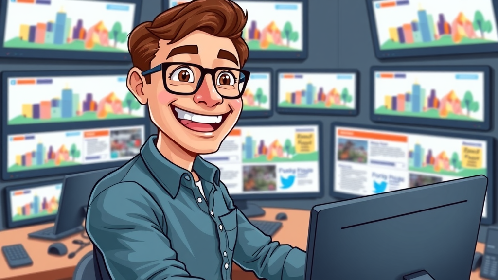 Enthusiastic marketer running a live Houston social media marketing campaign, digital command center, Houston landmarks on campaign monitors
