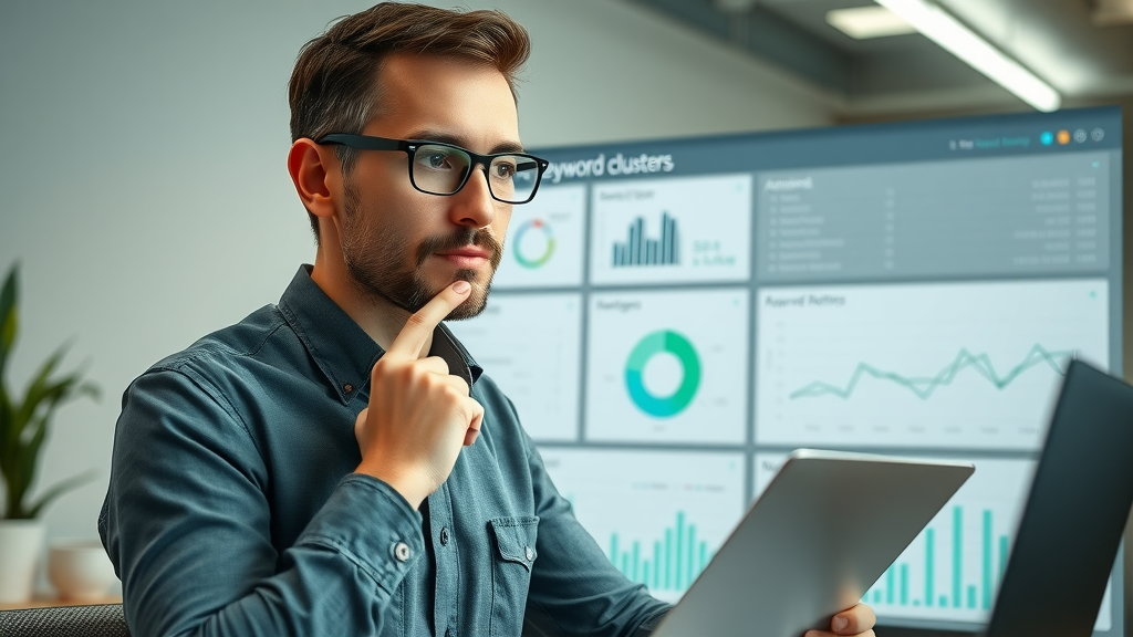 analytical SEO specialist reviewing AI-driven keyword suggestions for machine learning in SEO
