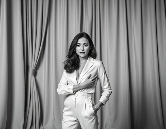 classic publications editorial, confident expression, posing in a chic studio, photorealistic, set in an elegant, minimalist environment, highly detailed, flowing silk curtains, medium format precision, monochrome palette, controlled soft box lighting, shot with a telephoto lens