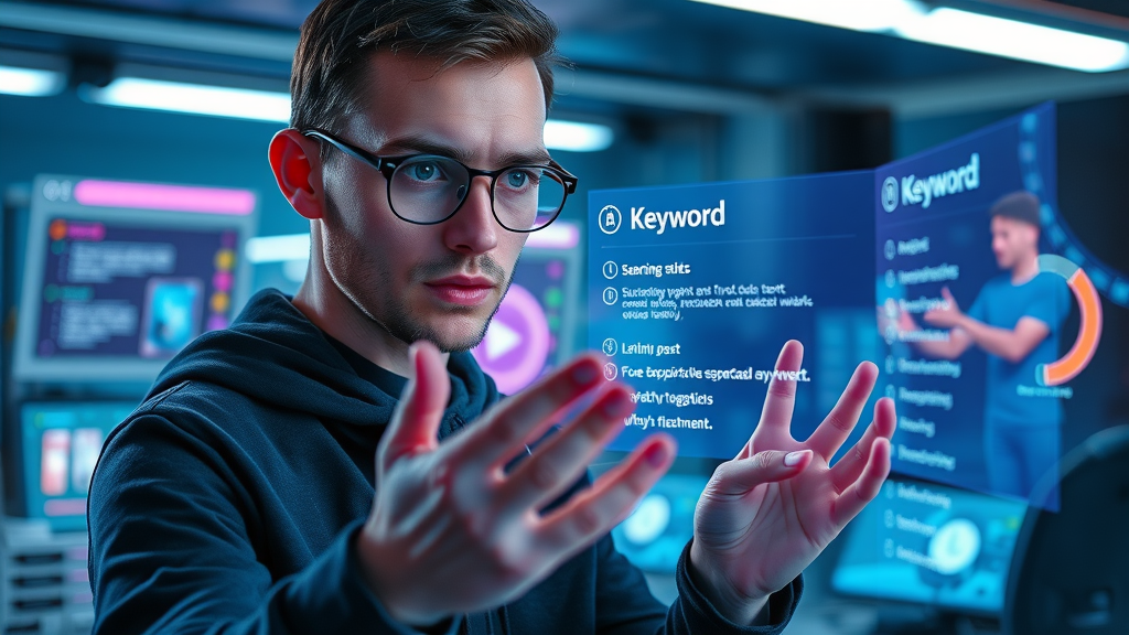 User interacting with an AI-powered holographic keyword suggestion tool in a high-tech lab setting