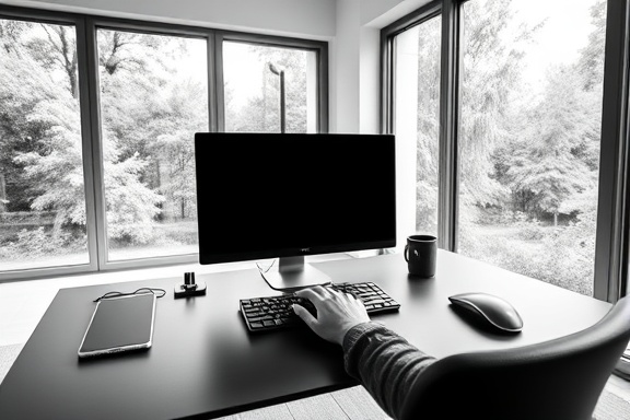 minimalist blogging desk, focused, typing on a keyboard, photorealistic, spacious room with large windows showing greenery outside, highly detailed, wireless mouse and keyboard, f/1.8 aperture, monochrome, diffused lighting, shot with a Sony Alpha 7R IV