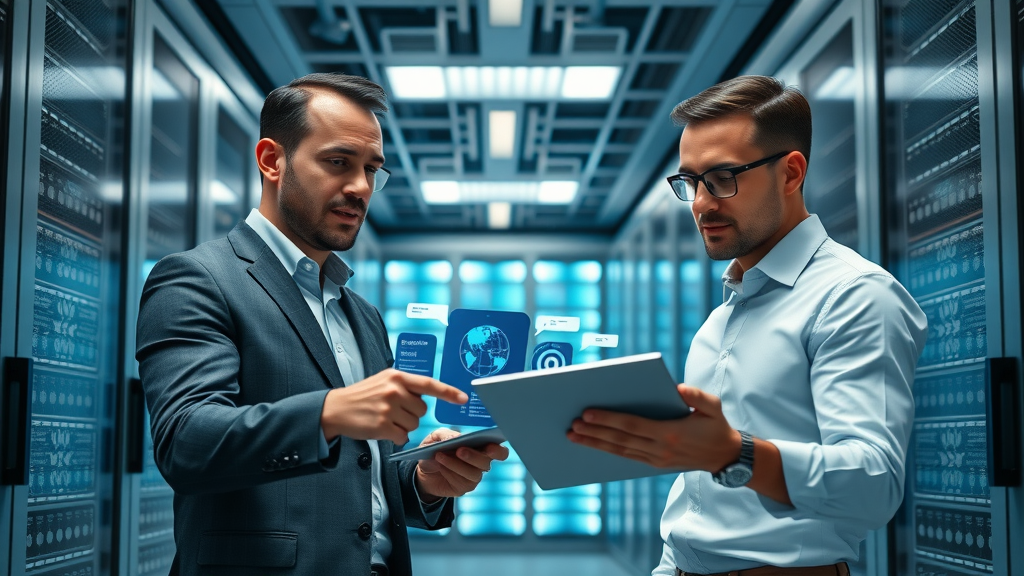 sleek modern data center with confident business leaders, AI digital dashboards, server racks glowing, blue silver LED light, data center integration in Houston, no disfigured features