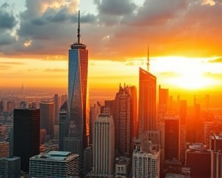 historic stratalyst evolution, reflective expression, unveiling milestones, photorealistic, sprawling metropolis during sunset, highly detailed, prominent skyscrapers, complex design patterns, gold and orange, warm natural light, shot with a 50mm prime lens