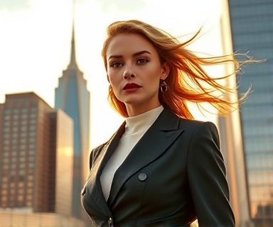 glossy publications magazine, glamorous expression, showcasing high fashion, photorealistic, against a backdrop of urban skyscrapers, highly detailed, dynamic wind in hair, crisp resolution, bold contrasting colors, golden hour lighting, shot with a zoom lens