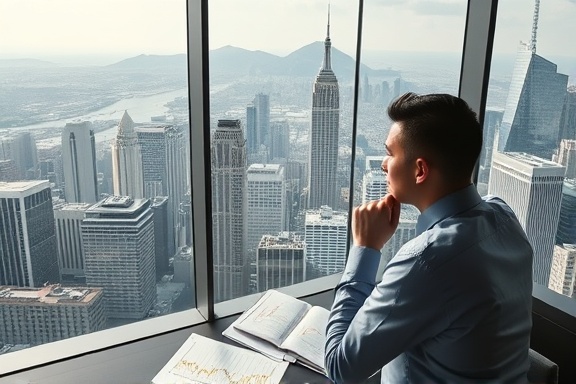 visionary FCMO strategy, thoughtful expression, charting business plans, photorealistic, high-rise office background overlooking cityscape, highly detailed, dynamic stock market graphs, 5k resolution, grayscale with gold accents, natural daylight, shot with a telephoto lens.