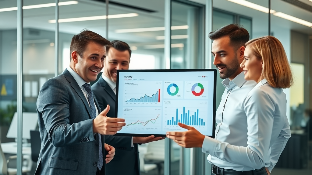 Professional business team analyzing automated marketing campaign results, digital marketing dashboard, modern corporate office