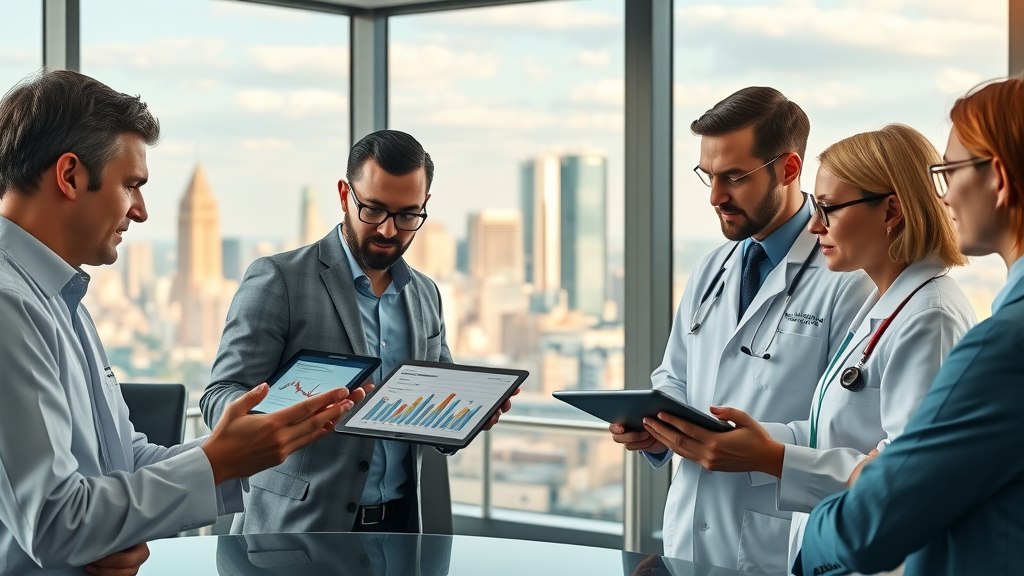 machine learning in industry: Professionals from finance, medicine, and tech collaborating on ML-driven authority building with digital tablets